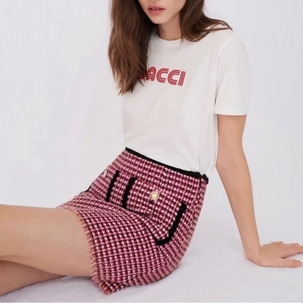 Maje Renalt Tweed Fringe Knit Mini Skirt Fuchsia Black Size FR 34 / US 2